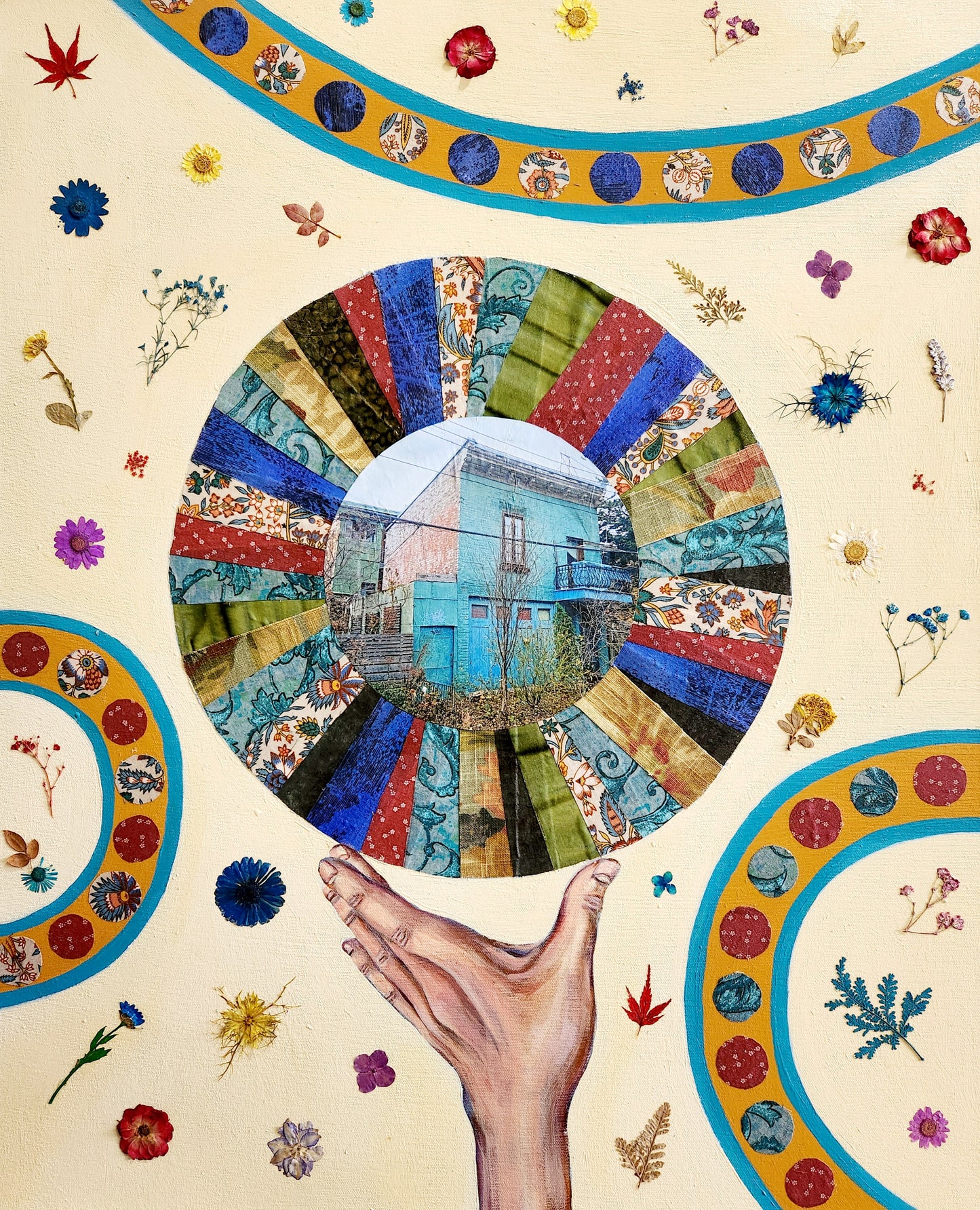 architecture flower textile collage painting