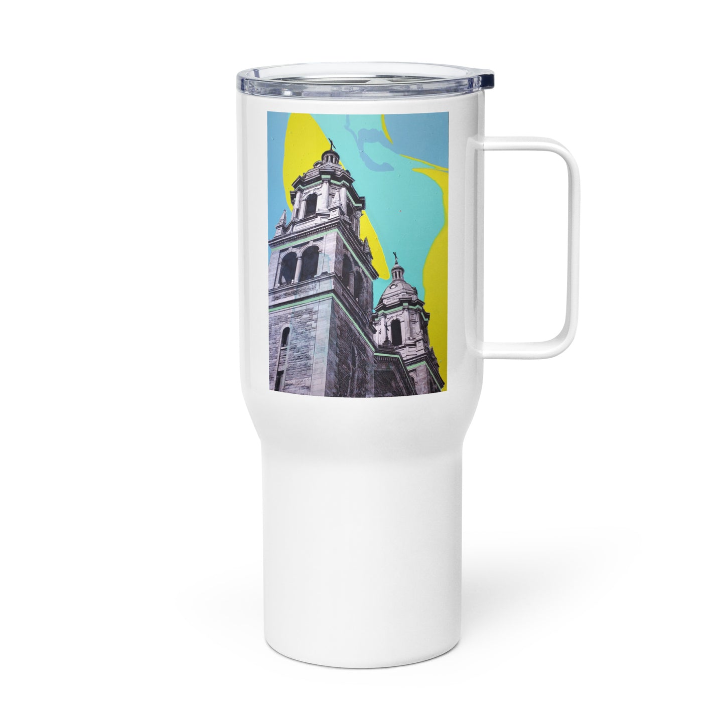 Travel mug with architectural print