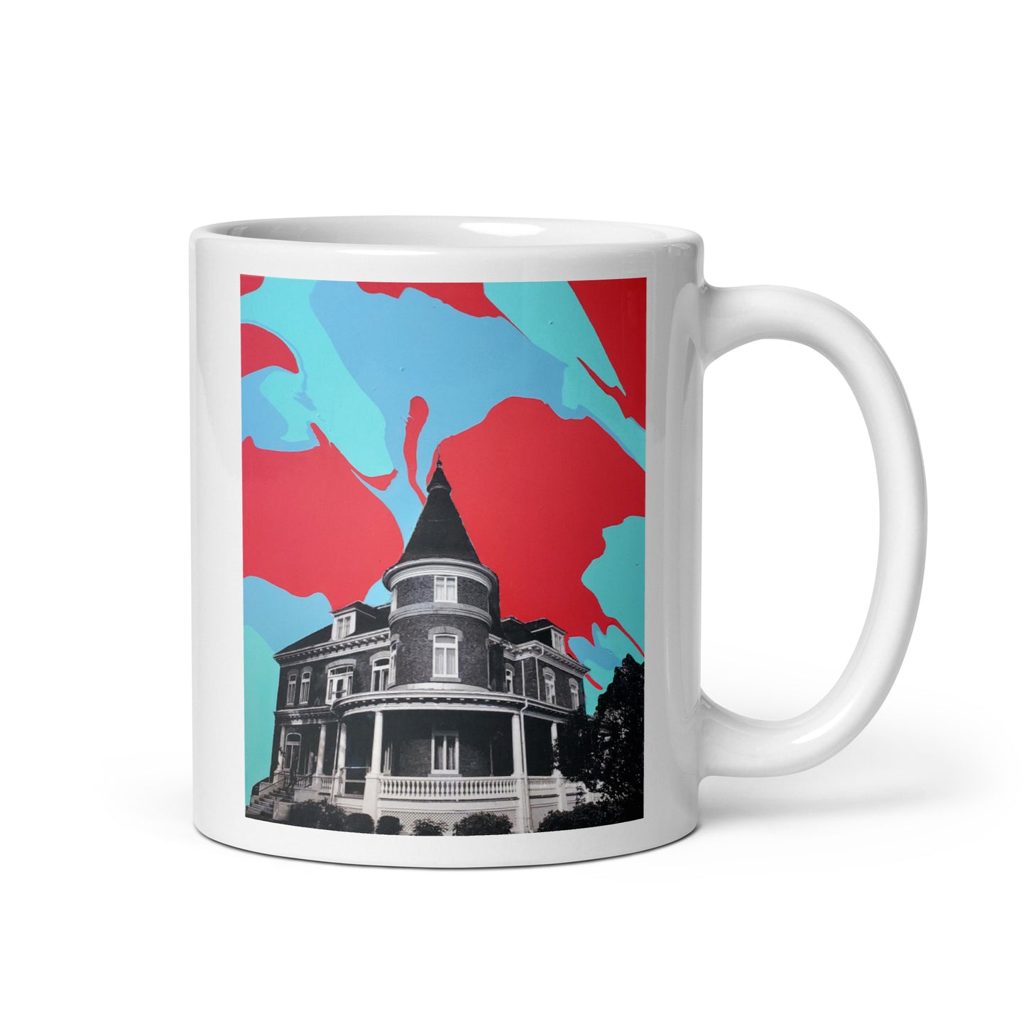 White mug with architectural design
