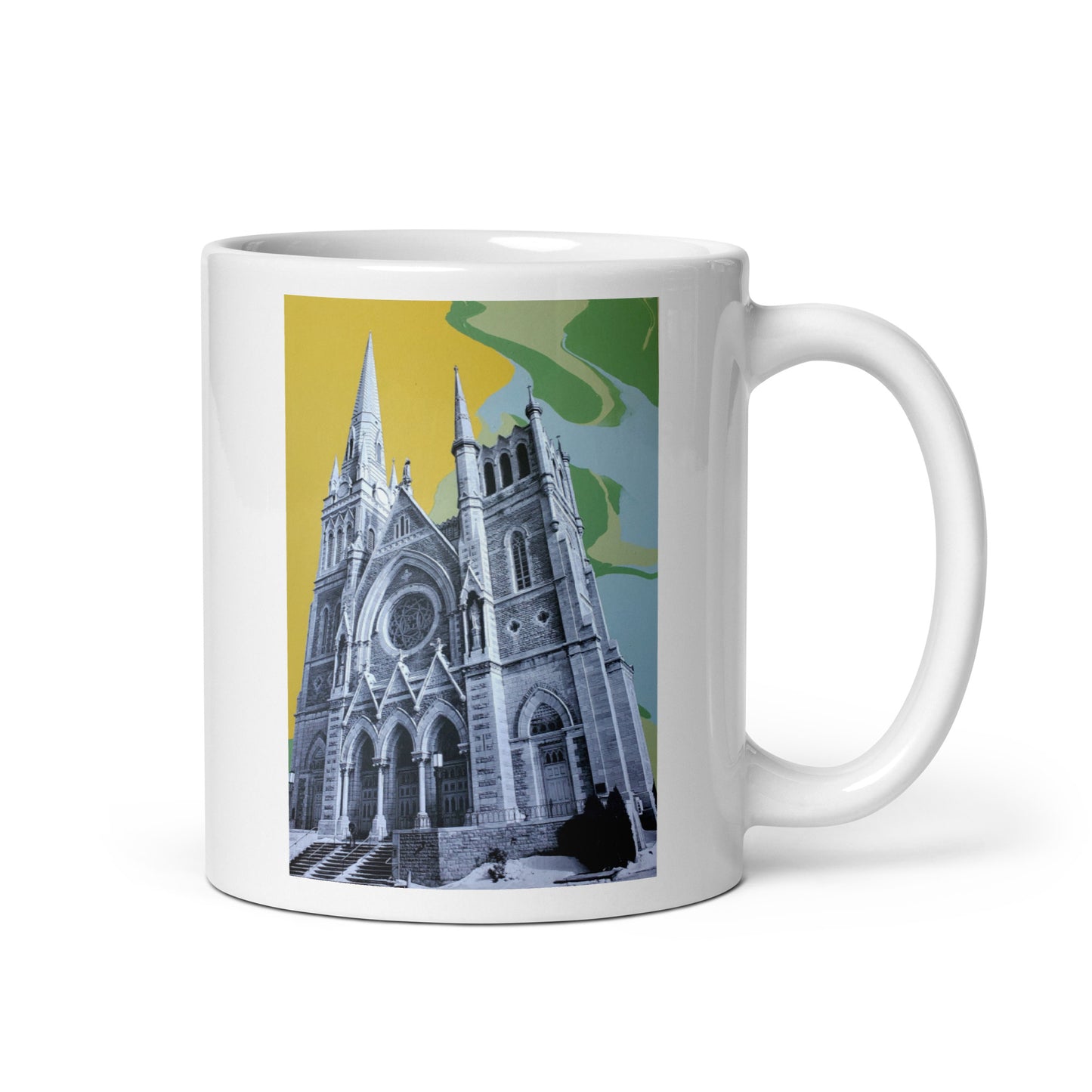 White mug with architectural design