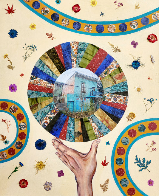 architecture flower textile collage painting